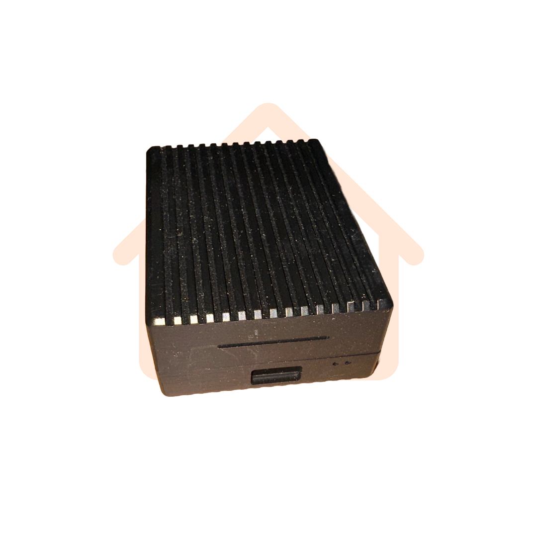 A Raspberry Pi in a Black Case over a Logically Smart Logo