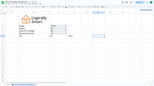 A Google Sheet Named the Smart Home Beginner Shopping List