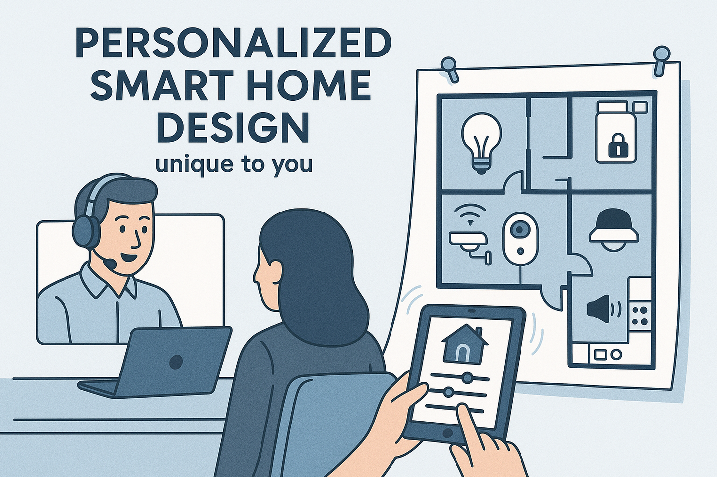 A digitally illustrated image showing a welcoming, futuristic smart home consultation. A smart home expert appears on a screen during an online video call, engaging with a homeowner. The screen interface is sleek and modern, with orange accents on a white background, displaying various smart home control options such as lighting, climate, security, and cameras. The visual emphasizes personalized smart home design and interactive consultation.