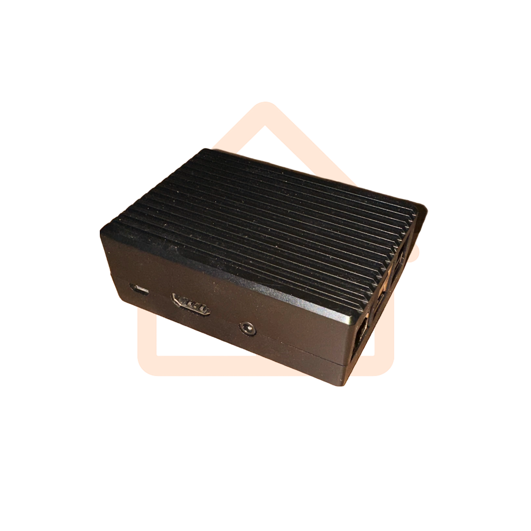 A Raspberry Pi in a Black Case over a Logically Smart Logo