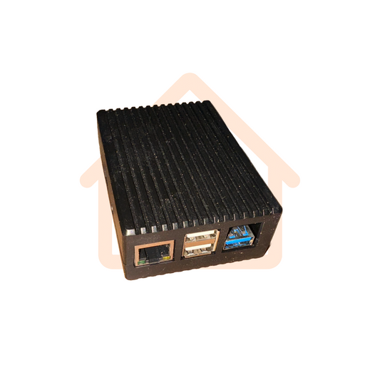 A Raspberry Pi in a Black Case over a Logically Smart Logo