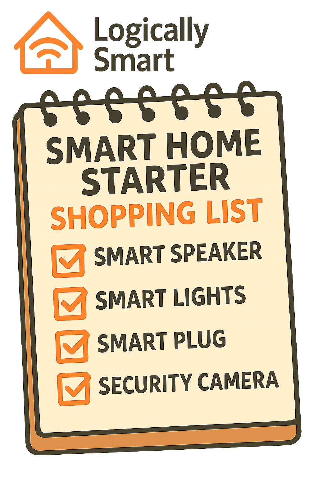 Cartoon-style smart home checklist with logo, listing Smart Speaker, Lights, Plug, and Security Camera on a cream notepad with a transparent background